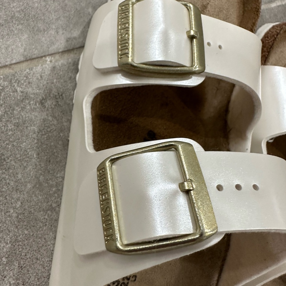 Birkenstock Pearl Metallic Arizona Sandals with Gold Buckles